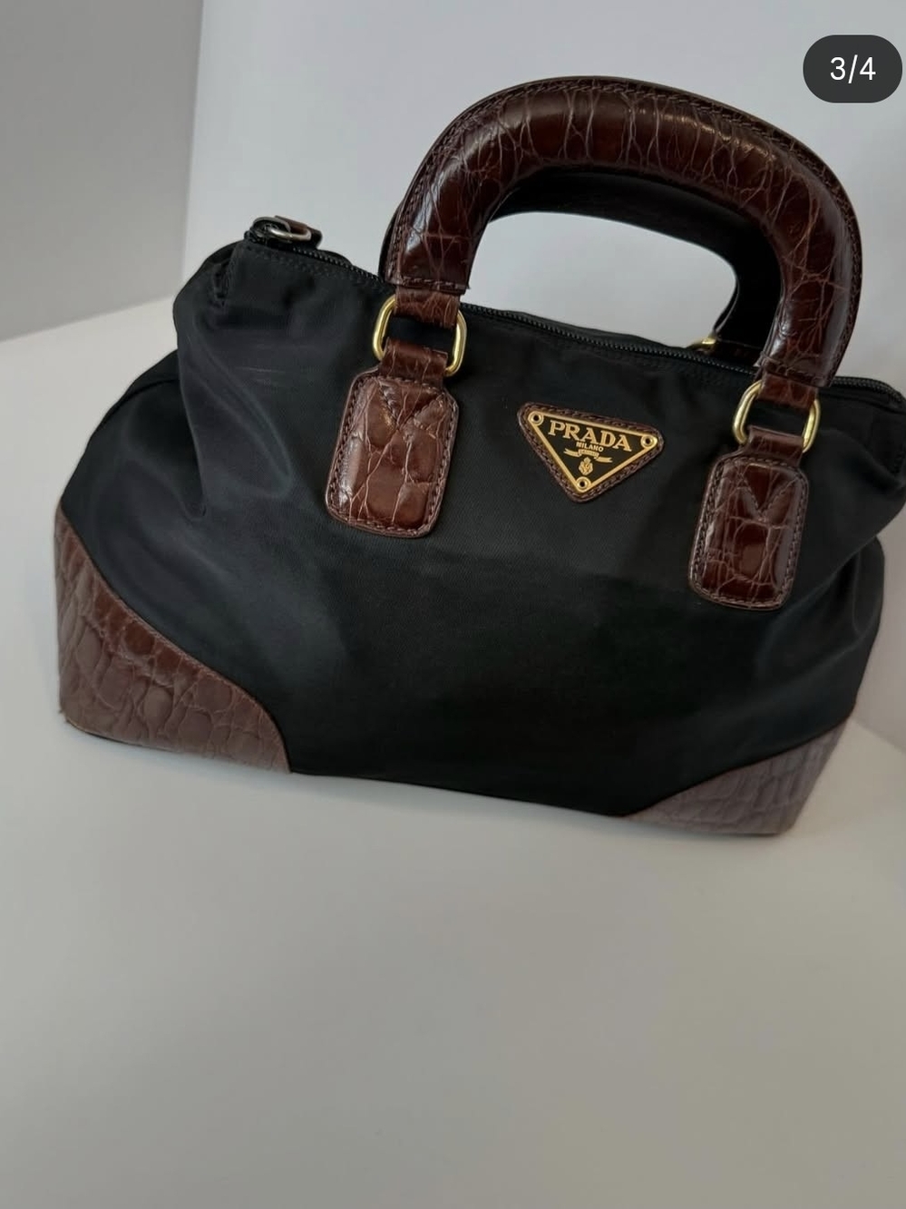 Authentic Vintage Prada Black Nylon Boston Bag with Croc-Effect Leather Trim - Picture 3 of 4